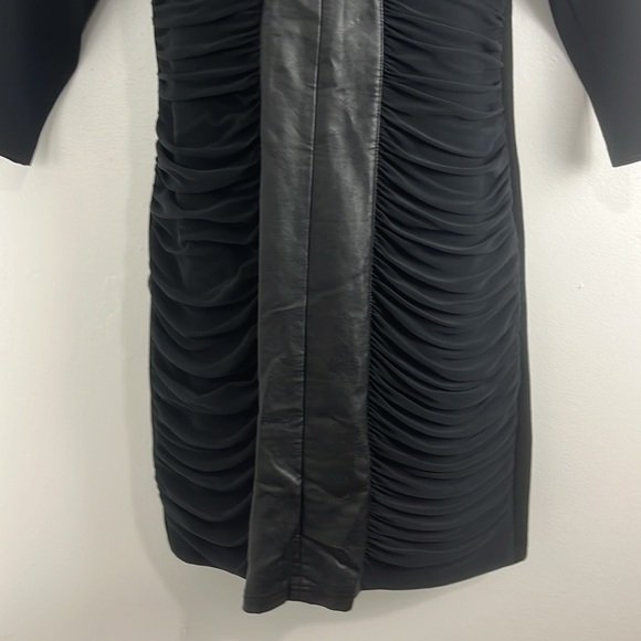 Nicole Benisti Ruched Black Faux Leather and Mesh Bodycon Dress - Picture 2 of 11